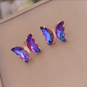 Purple Rhinestone Butterfly Earring Studs Gold Tone Setting